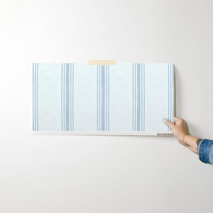 Spoonflower Blue Ticking Stripe Peel and Stick Wallpaper | Sample 12" x 24" | Neutral Cottage Simple Traditional | Self-adhesive, removable and renter-friendly