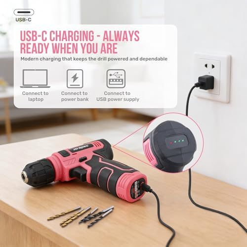 Hi-Spec 8V Cordless Drill Set & Starter Tool Kit for Women, Pink