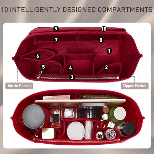 Doxo Purse Organizer Insert for Handbags & Base Shaper 2pc Set, Felt Neverfull MM Organizer Insert, Tote Bag Organizer with Zipper and Bottle Holder, Fit Speedy 30 Neverfull MM and More,Burgundy-L
