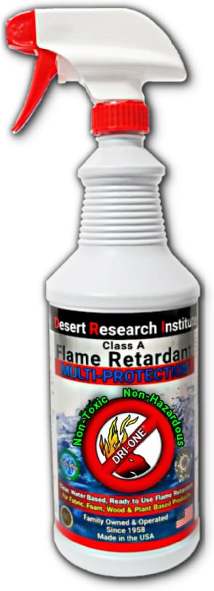 Fire Retardant Spray Liquid Solution (Class A for Natural Textiles, Raw Wood, Absorbent Materials & More) Eco-Safe, Non Toxic, C.A.C. Title-19, ASTM E84, DRI-ONE, One Quart with One Sprayer- 32 oz
