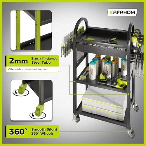 KAFAHOM Power Tool Cart with Charging Station, Rolling Cart with Drawer, Heavy Duty Power Tool Organizer with 360 Silent Wheels, Storage for Garage, Warehouse & Repair Shop