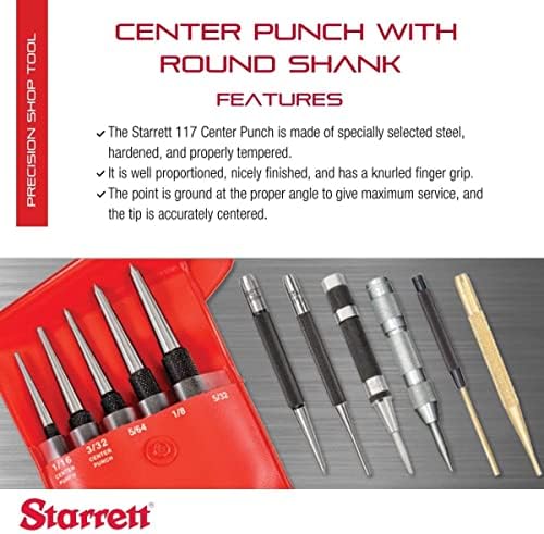 Starrett Steel Center Punch with Round Shank and Knurled Finger Grip - Hardened and Tempered Steel, 75mm Length, 1.5mm Diameter Tapered - 117AA