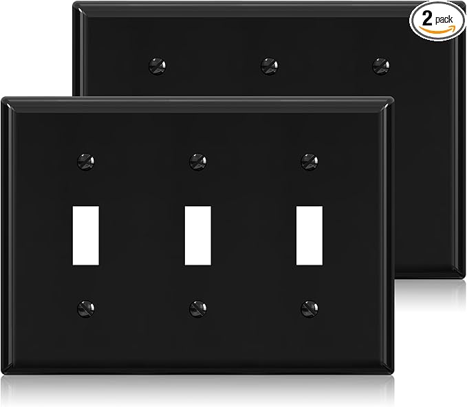 ELEGRP 3-Gang Toggle Switch Wall Plates, Standard Size 4.53" H x 6.39" L Thermoplastic Faceplate Cover for Toggle Dimmer Light Switches, UL Listed (2 Pack, Glossy Black)