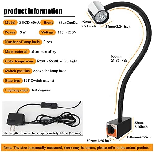 12T Magnetic Work Light, IP65 Water Proof Led Machine Light, 23in Flexible Gooseneck lamp with Strong Magnetic Base for Lathe Milling Drill Press Industrial Lighting 120V