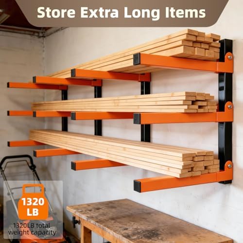 Wall Mounted Lumber Storage Rack and Wood Organizer with 6-Level Holds Up 1320 LBS, Heavy Duty Steel Shelf Brackets for Garages Workshops & Outdoor Sheds, Space Saving Metal Wall Rack