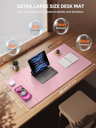 Mouse Pad with 15W Wireless Charging, XXL Large Leather Desk Mat, Pink