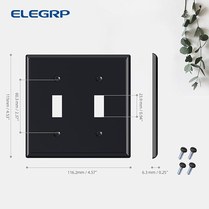 ELEGRP 2-Gang Toggle Switch Wall Plates, Standard Size 4.53" height x 4.57" length Unbreakable Thermoplastic Faceplate Cover for Toggle Dimmer Light Switches, UL Listed (1 Pack, Glossy Black)
