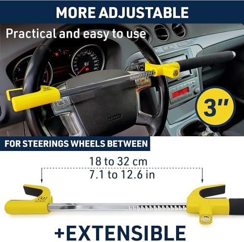 Urban UR959Y High Security Steering Wheel Lock, Most Visible Yellow Steel Double Hook, Automatic Locking, Protective Pads Optional Safety Hammer, Universal Car Anti-Theft Device for Auto SUV Van Truck