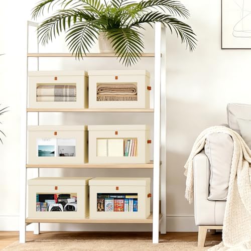 DIMJ Storage Bins with Lids - 5 Pack Fabric Closet Organizer with Window & Handles, Collapsible Decorative Storage Boxes for Shelves Under Bed, Books Clothes Blankets Sweaters Organization