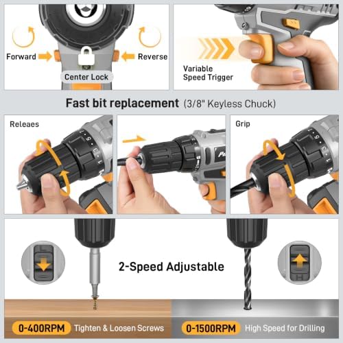 PULITUO Power Drill Tool Kit with 20V Cordless Drill/Driver, Electric Screwdriver, 2 Batteries & Charger, LED Light, 199-Piece Pink Home DIY Tool Set with Toolbox, Drill Set for Women & Men (Yellow)