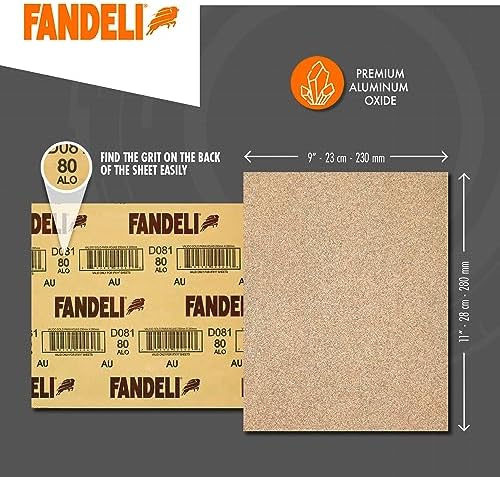 Fandeli | Multi-Purpose Sanding Paper | Assorted Grits (80,120,220) | 50 Sheets of 23 x 28 cm | Perfect for Sanding Metal and Sanding Wood | Hand Sanding | Orbital Sanders.