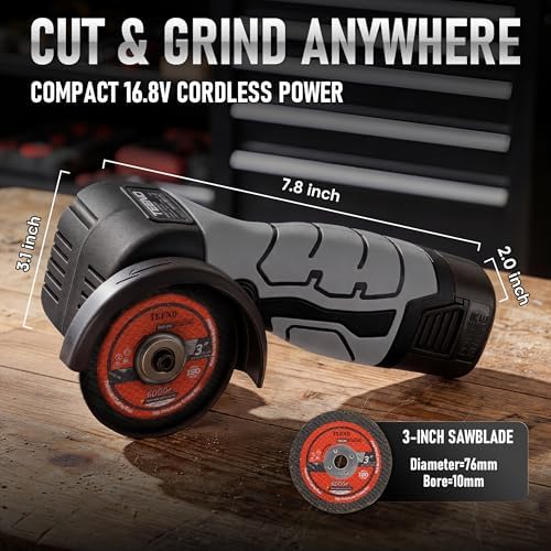 TEENO Cordless Angle Grinder Kit, 19,500 RPM Mini Handheld Grinder Tool with 2x 16.8V 2000mAh Batteries & 6 Discs, 3-Inch Cut-Off Grinder for Metal, Wood Cutting, Grey