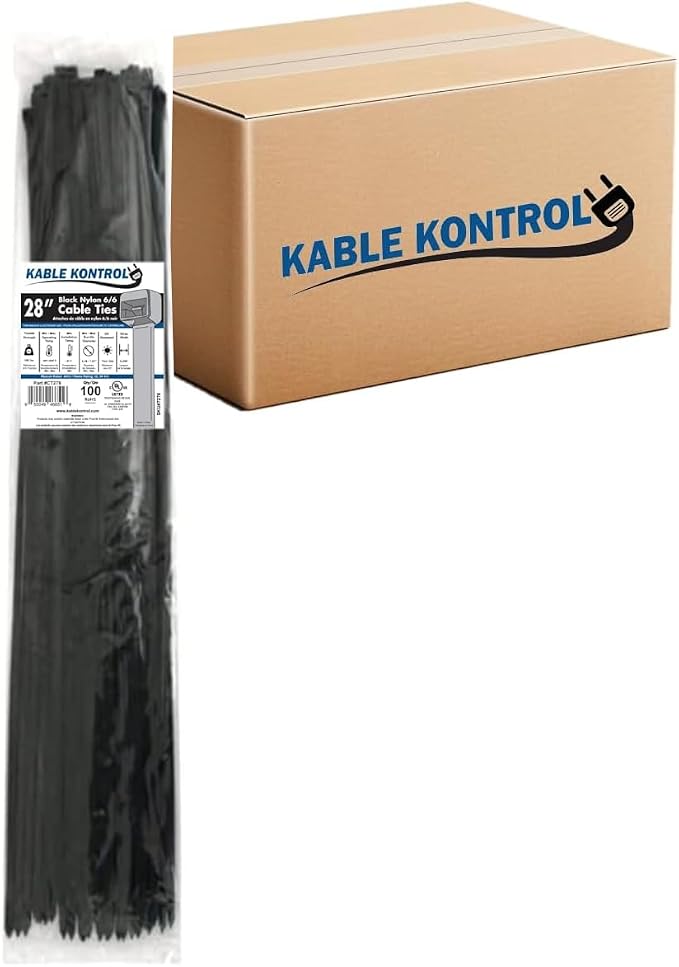 Kable Kontrol Cable Zip Ties, 28 Inch, 1000 Pcs, HD 175lbs Test, Black | Nylon Plastic, UV-Resistant, Self Locking, UL Listed, Indoor & Outdoor Use