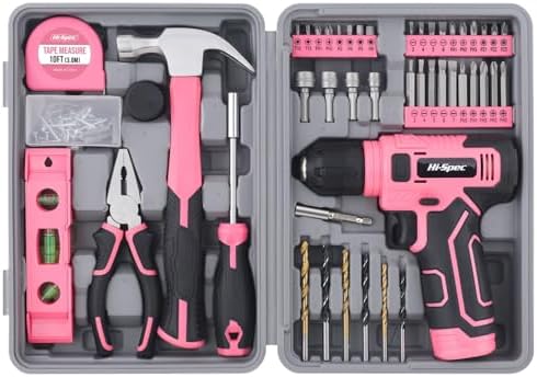 Hi-Spec 8V Cordless Drill Set & Starter Tool Kit for Women, Pink