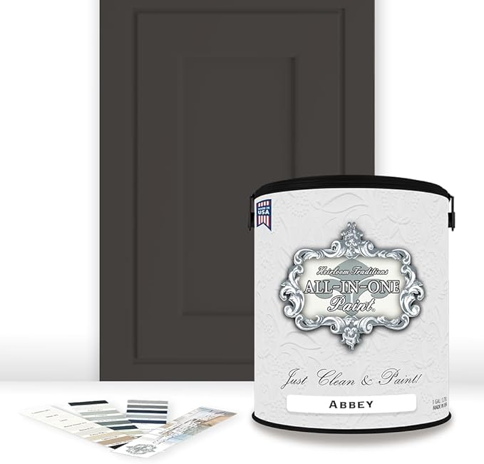 ALL-IN-ONE Paint by Heirloom Traditions, Abbey (Warm Gray), Gallon - Durable cabinet and furniture paint. Built in primer and top coat, no sanding needed. Includes our 30 featured color card.