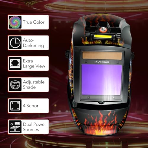 TRQWH Welding Helmet Auto Darkening Large Viewing True Color Solar Powered Welding Mask with 4 Arc Sensor Adjustable Wide Shade Range 4~5-8/9-13 Welder Mask with Grinding