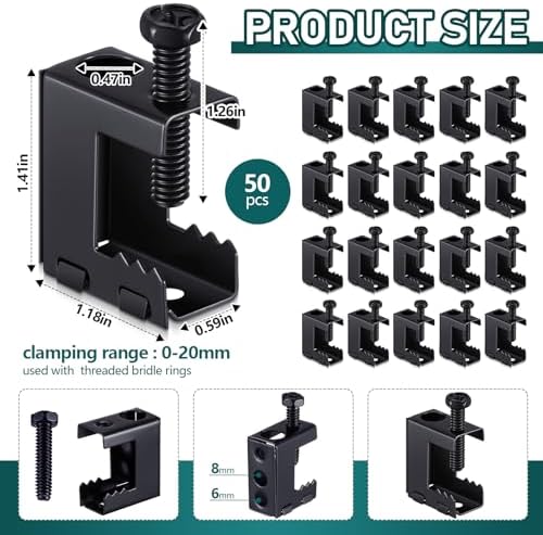 Tandefio 50 Pcs 1/4"-20 Spring Steel Beam Clamps Metal Beam Hanger, Black