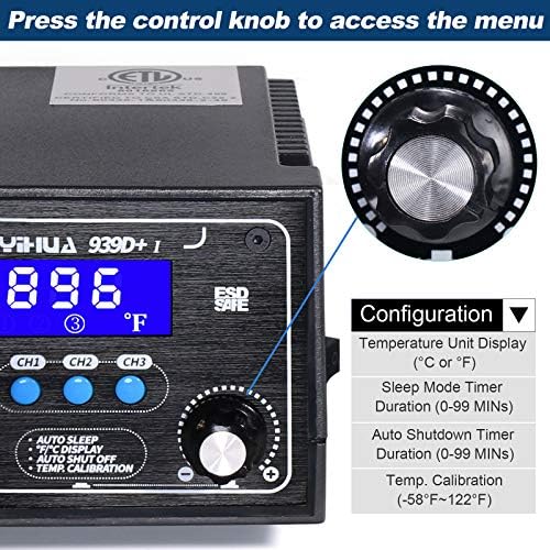 YIHUA 939D+ I Soldering Station, Upgraded, 75 Watt Equivalent with 3 Memories, °C/°F LCD display, Sleep Function, Automatic Shutdown & Brushed Aluminum Panel(Iron-burn Resistant)