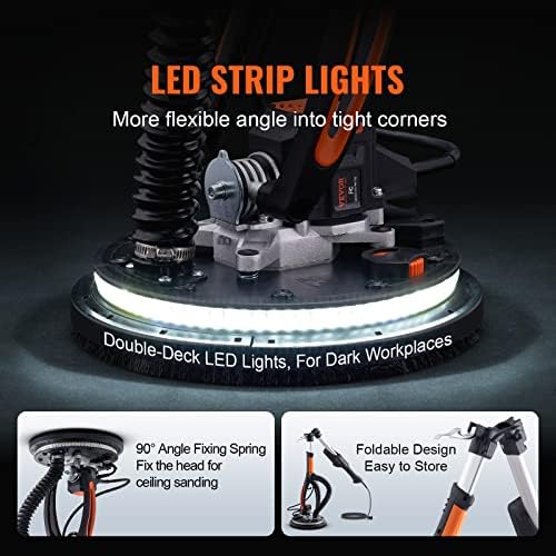 VEVOR Drywall Sander, 800W Brushless Motor Electric Sander, Variable Speed 1000-2300 RPM, Foldable Ceiling Sander with Double-Deck LED Lights, Extendable Handle, 12 Sanding Discs