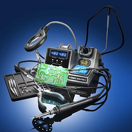 X-Tronic 3090-PRO-X – 75 W Soldering Iron Station – 5 Extra Tips, 2 LED Displays, Sleep Func, C/F, 3 Temp Presets, Mini Mag Lamp, 4 Helping Hands, Solder Sucker, Tweezers, Solder, Brass & Wet Sponges