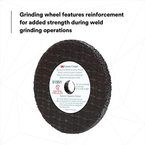 3M Green Corps Reinforced Weld Grinding Wheel 01991, 3 in, .22" x 3/8" 5 Pack Heavy Duty, Resin Bonded, Long Lasting Wheel for Fast Cut, Auto Body