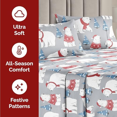 Christmas Sheet Set, Santa Bears, Holiday Xmas Bedding Set - Full Size