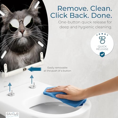 Sanilo Wooden Toilet Seat with Quick Release & Soft Close [ROUND] - Decorative & Slow Close Molded Wood Seat - With One Click for Easy Installation & Cleaning - With Adjustable Fit (Cool Cat)