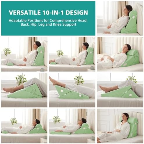 Bedluxe Adjustable 4pcs Bed Wedge Pillow Set, Memory Foam Wedges Pillow Post Surgery for Back, Neck, Leg Pain Relief, Pillows Wedge for Sleeping, Sitting up in Bed, Acid Reflux and GERD, Green