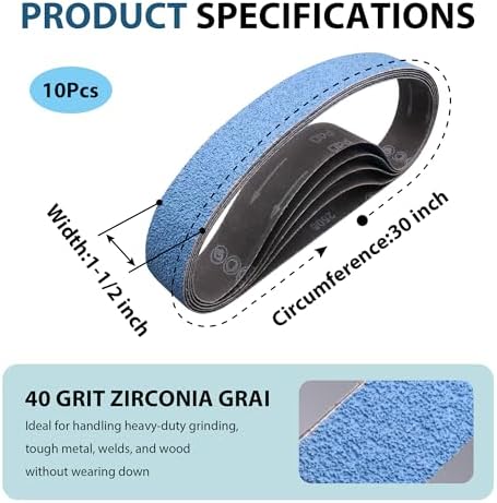 Zirconia Sanding Belts 1-1/2 x 30 Inch 40 Grit for Pipe Belt Sander 10 Pack