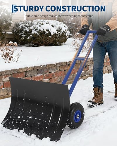 GarveeTech 29x19.8 in Rolling Snow Shovel on Wheels, Metal Snow Pusher