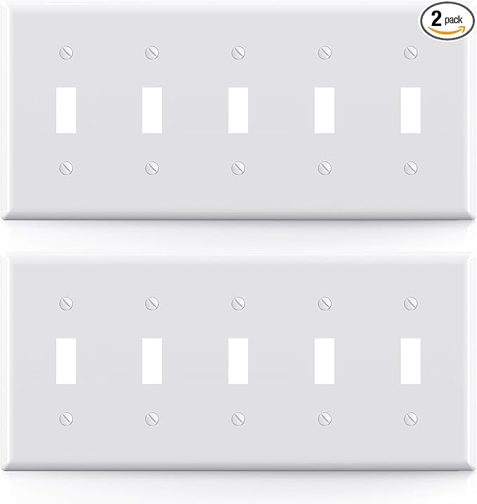ELEGRP 5-Gang Toggle Switch Wall Plates, Standard Size 4.52" H x 10.03" L Unbreakable Thermoplastic Faceplate Cover for Toggle Dimmer Light Switches, UL Listed (2 Pack, Glossy White)