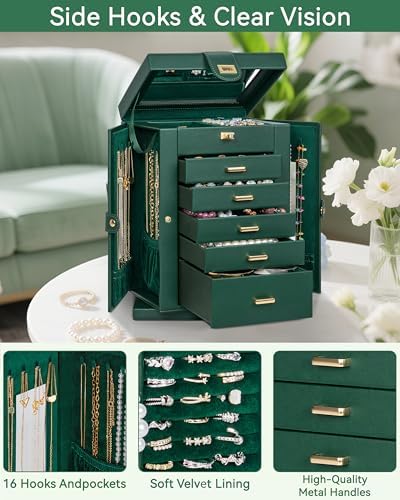 AKOZLIN 6-Tier Jewelry Box Organizer 5 Drawers Storage M-L Green
