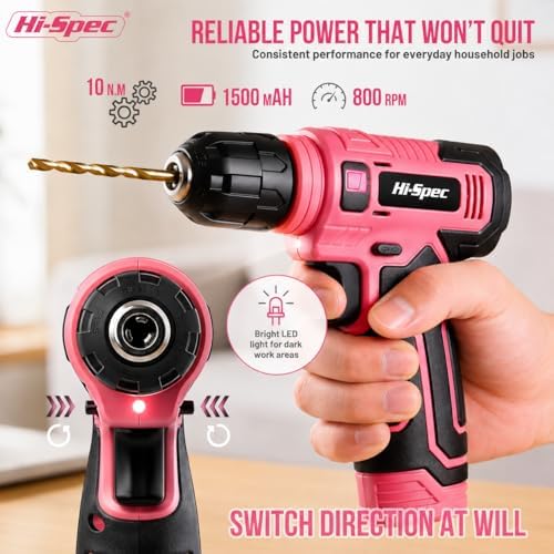 Hi-Spec 8V Cordless Drill Set & Starter Tool Kit for Women, Pink