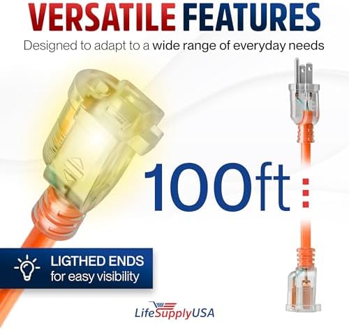 100ft Outdoor/Indoor Extension Cord 14/3 Gauge Heavy Duty 3 Prong SJTW, Waterproof, Flexible Cold-Resistant Long Power Cord,13A 125V 1625W, Orange by LifeSupplyUSA