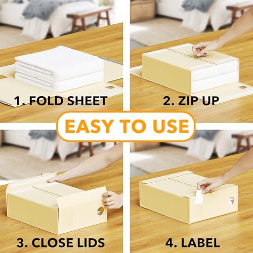 SpaceAid 12 Pack Bed Sheet Organizers and Storage, Foldable Organizer for Linen Closet, Set Folder Keeper With Window XL (Queen & King Size) Bedding Container (Beige)