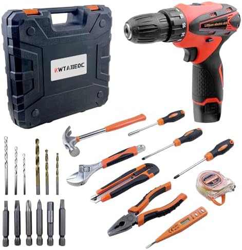 33 Picce Orange Tool Kit with 12V Cordless Drill, Tool Box with Drill, Hand Drill Set for Men Women, Home Tool Kits for House Repair, Handyman, DIY
