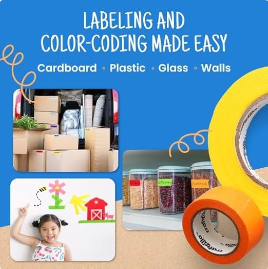 Craftzilla Colored Masking Tape - 11 Roll Multi- Pack, 825 Ft x 1 Inch - Colored Painters Tape for Arts & Crafts Labeling or Coding, Kids Art Supplies Color Tape Rolls, Colorful Masking Craft Tape
