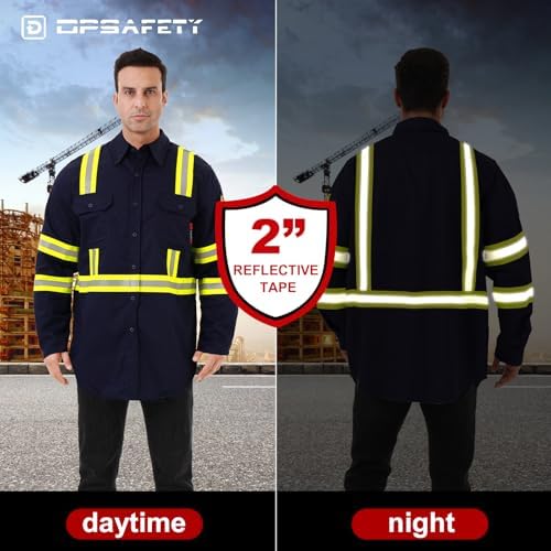 FR Shirts for Men 7oz High Visibility Fire Resistant Shirts CAT2 Welding Shirt 100% Cotton Hi Vis Flame Resistant Shirt Navy(Large)