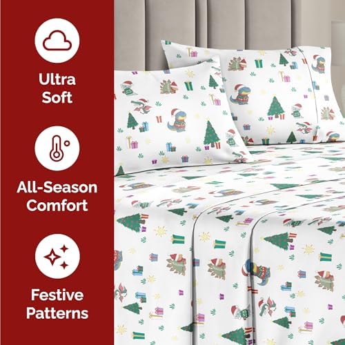 Christmas Sheet Set, Christmas Dinos, Holiday Xmas Bedding Set - Queen Size