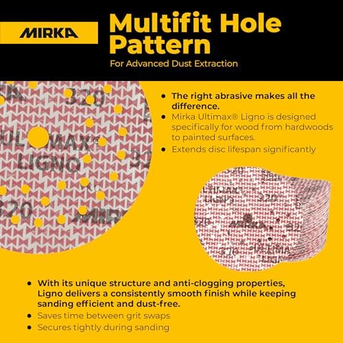 Mirka Ultimax Ligno 6 Inch 220 Grit Wood Sanding Discs Hook & Loop, 50 Pack