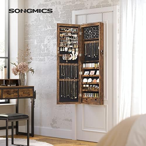 SONGMICS 6 LEDs Mirror Jewelry Cabinet, 47.2-Inch Tall, Lockable