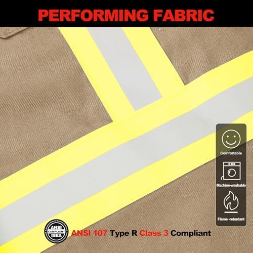 FR Shirts for Men 7oz High Visibility Fire Resistant Shirts CAT2 Welding Shirt 100% Cotton Hi Vis Flame Resistant Shirt Khaki(X-Large)
