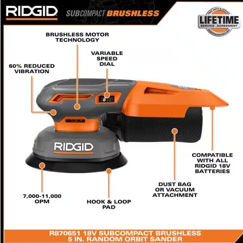 RIDGID 18V SubCompact Brushless Random Orbit Sander (Tool Only) (Renewed)