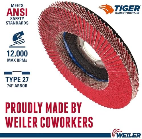 Weiler 50132 Saber Tooth 7/8" Arbor, 4-1/2" Diameter, 80 Grit, Ceramic, Phenolic Backing, Flat High Density Abrasive Flap Disc (Pack of 10)