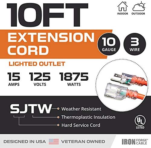 Iron Forge Cable 10 Gauge Extension Cord Heavy Duty, 10 Ft - Orange SJTW