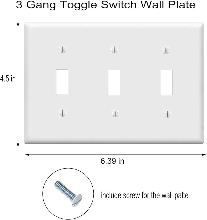 ZEFTV Toggle Light Switch Wall Plates 3-Gang Switch Electrical Cover Plate Unbreakable Thermoplastic Faceplate, White (2 Pack)