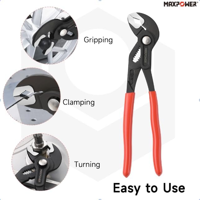 MAXPOWER 10-Inch Tongue-and-Groove Pliers, 1.2" Jaw Opening V Jaw Pliers | Quick Release Push Button Adjustable Pliers, Serrated Teeth, Comfortable Grips