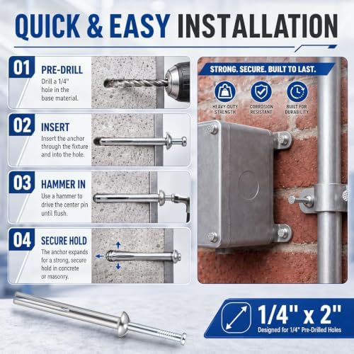 200 Pack 1/4" X 2" Drive Nail in Anchor Hammer Pin Anchor