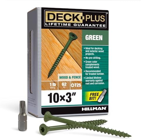 Deck Plus 3 Inch Epoxy Coated Exterior Wood and Fence Screws #10 x 3 Torx/Star Drive Included Coarse Thread, Outdoor Rust Resistant Decking Screw, Green, 1lb Box, 62 Pieces | 48404