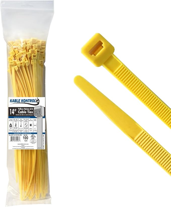 Kable Kontrol Cable Zip Ties, 14 Inch, 100 Pcs, HD 120lbs Test, Yellow | Nylon Plastic, Self Locking, UL Listed, Indoor Use